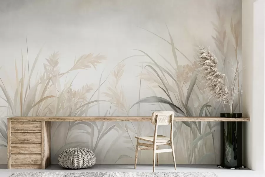 Papier peint De hautes herbes et roseaux fins, aux teintes douces et discrètes de beige, crème et vert, texturés w09981