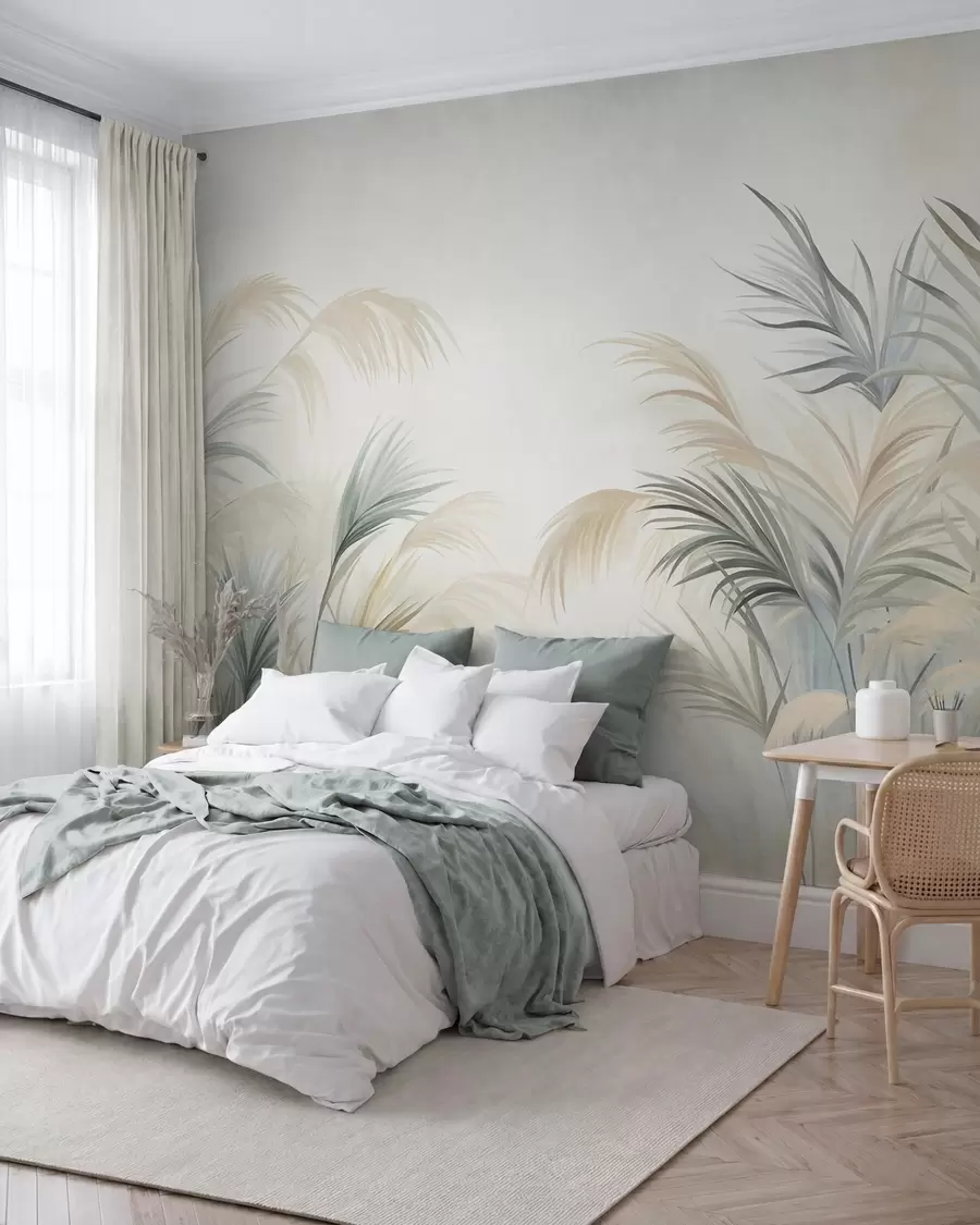 Papier peint De grandes plantes aux teintes discrètes de beige, de vert et de gris, sur un fond à la texture douce w09984