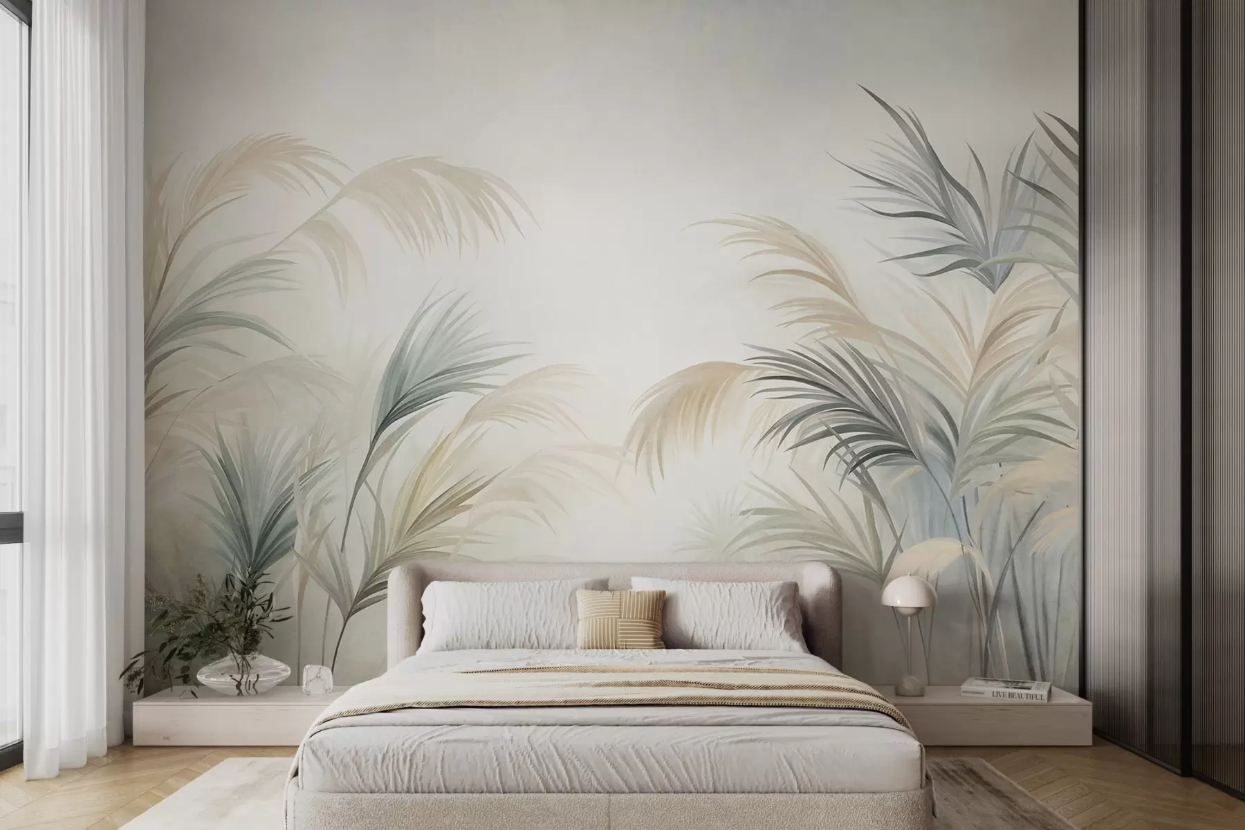 Papier peint De grandes plantes aux teintes discrètes de beige, de vert et de gris, sur un fond à la texture douce w09984
