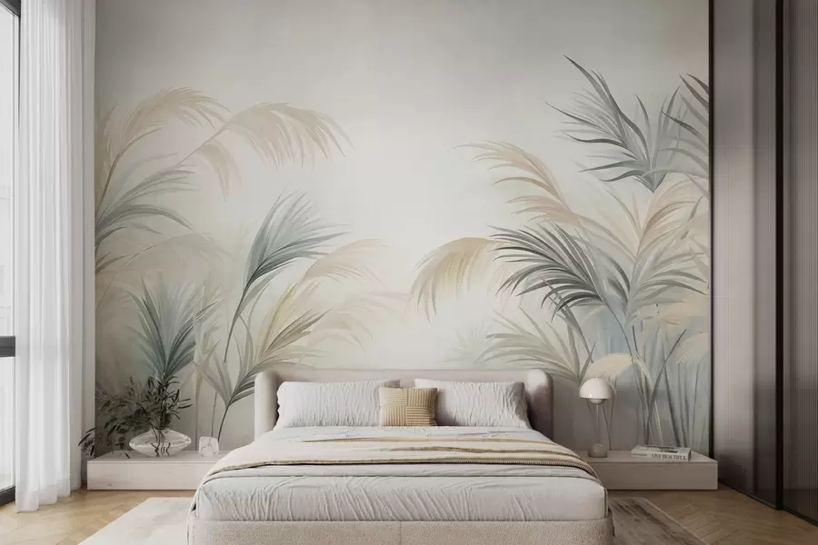 Papier peint De grandes plantes aux teintes discrètes de beige, de vert et de gris, sur un fond à la texture douce w09984