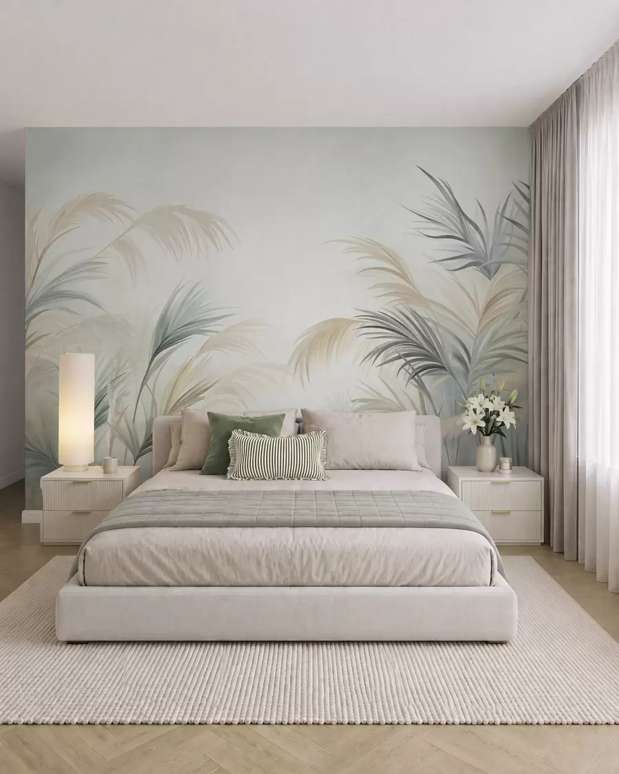 Papier peint De grandes plantes aux teintes discrètes de beige, de vert et de gris, sur un fond à la texture douce w09984