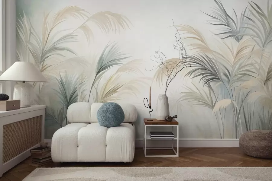 Papier peint De grandes plantes aux teintes discrètes de beige, de vert et de gris, sur un fond à la texture douce w09984
