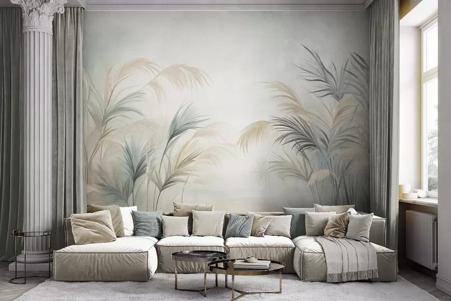 Papier peint De grandes plantes aux teintes discrètes de beige, de vert et de gris, sur un fond à la texture douce w09984
