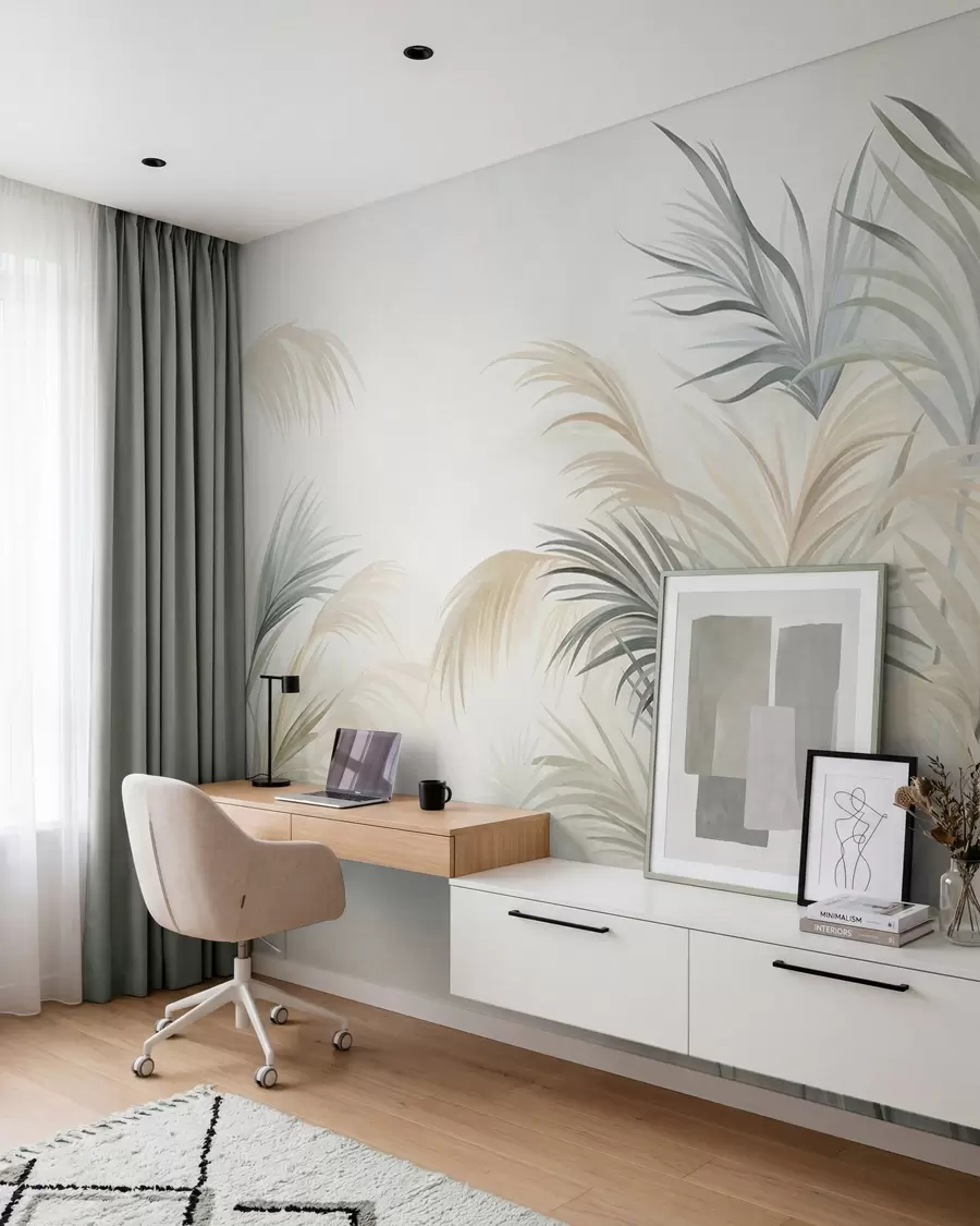 Papier peint De grandes plantes aux teintes discrètes de beige, de vert et de gris, sur un fond à la texture douce w09984