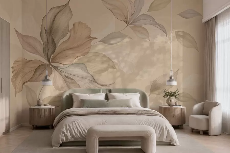 Papier peint De grandes feuilles décoratives sur un fond aux teintes chaudes w05733