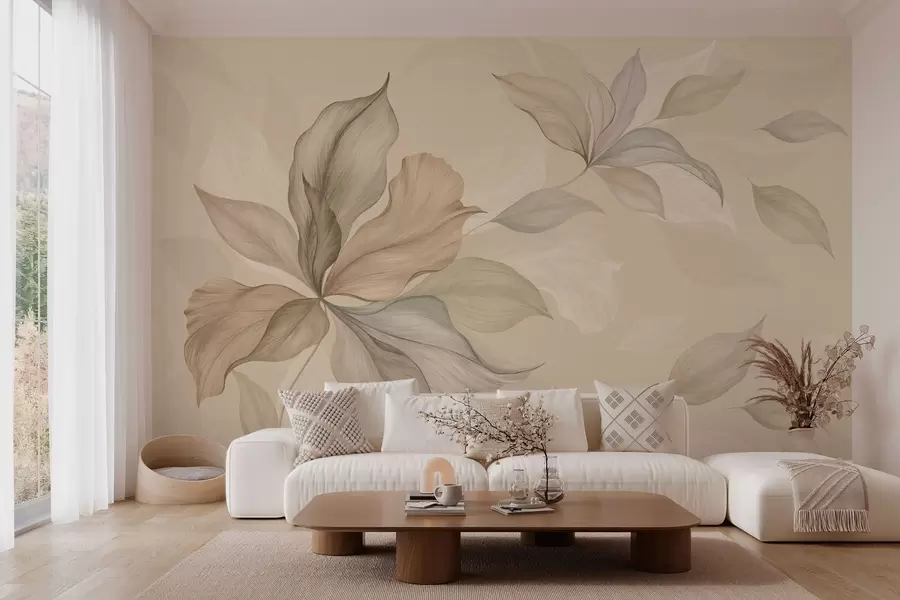 Papier peint De grandes feuilles décoratives sur un fond aux teintes chaudes w05733