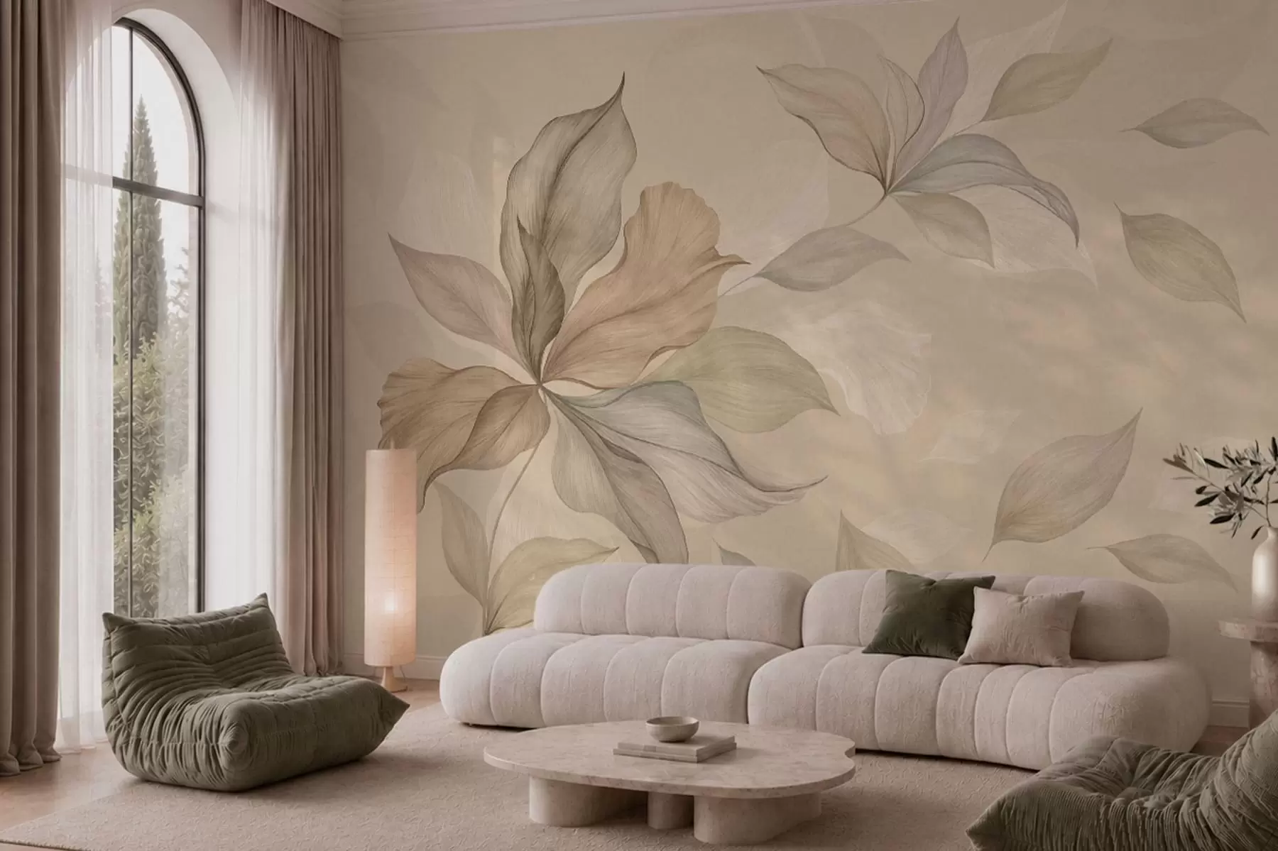 Papier peint De grandes feuilles décoratives sur un fond aux teintes chaudes w05733