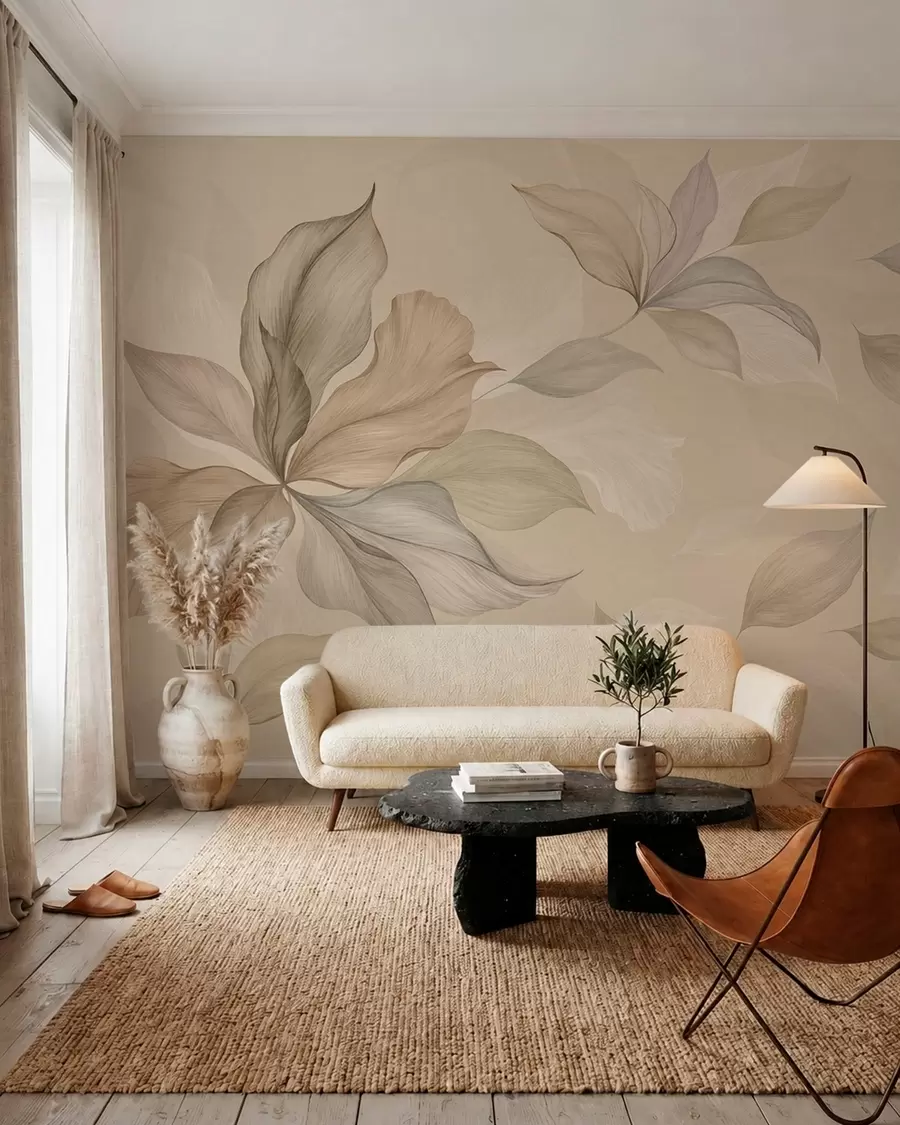 Papier peint De grandes feuilles décoratives sur un fond aux teintes chaudes w05733