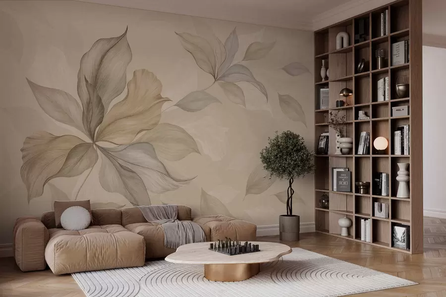 Papier peint De grandes feuilles décoratives sur un fond aux teintes chaudes w05733