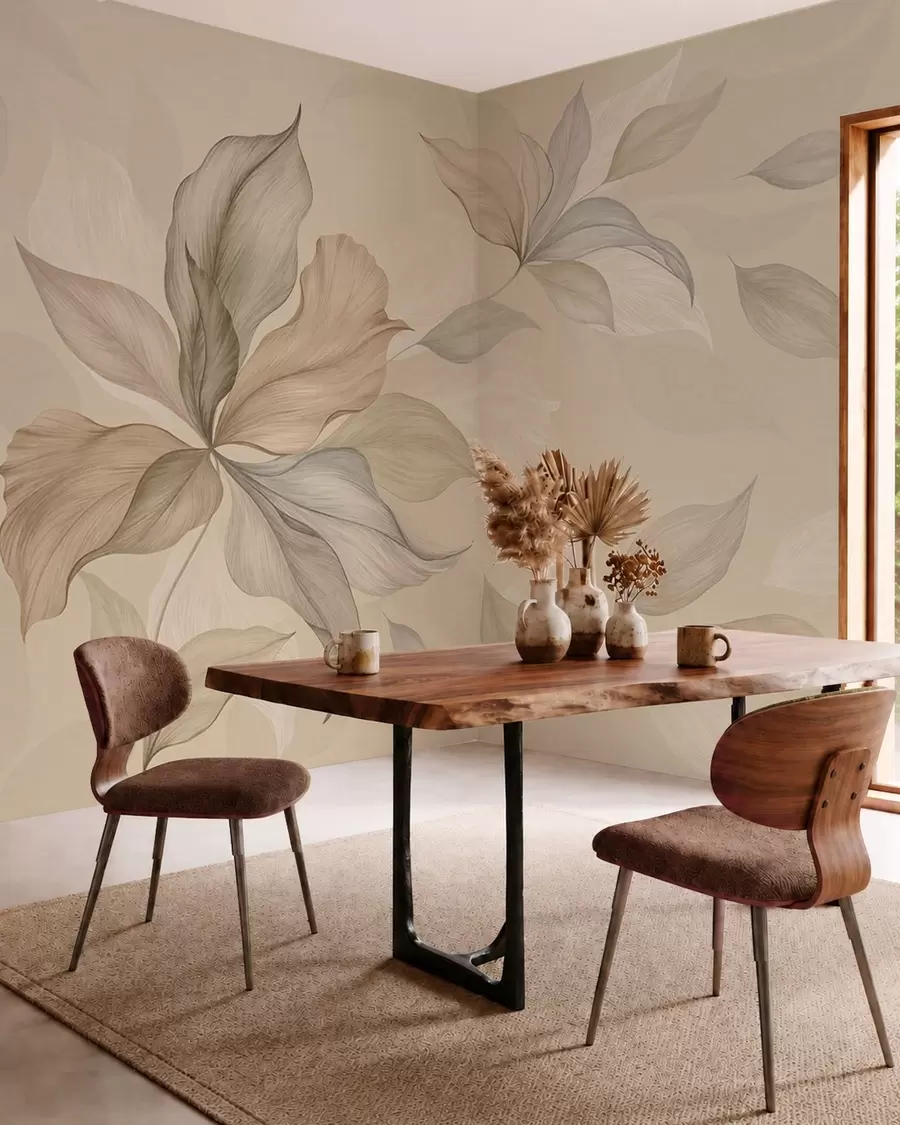 Papier peint De grandes feuilles décoratives sur un fond aux teintes chaudes w05733