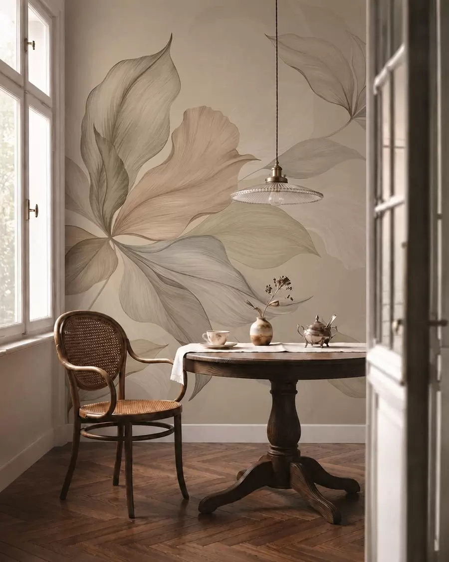 Papier peint De grandes feuilles décoratives sur un fond aux teintes chaudes w05733