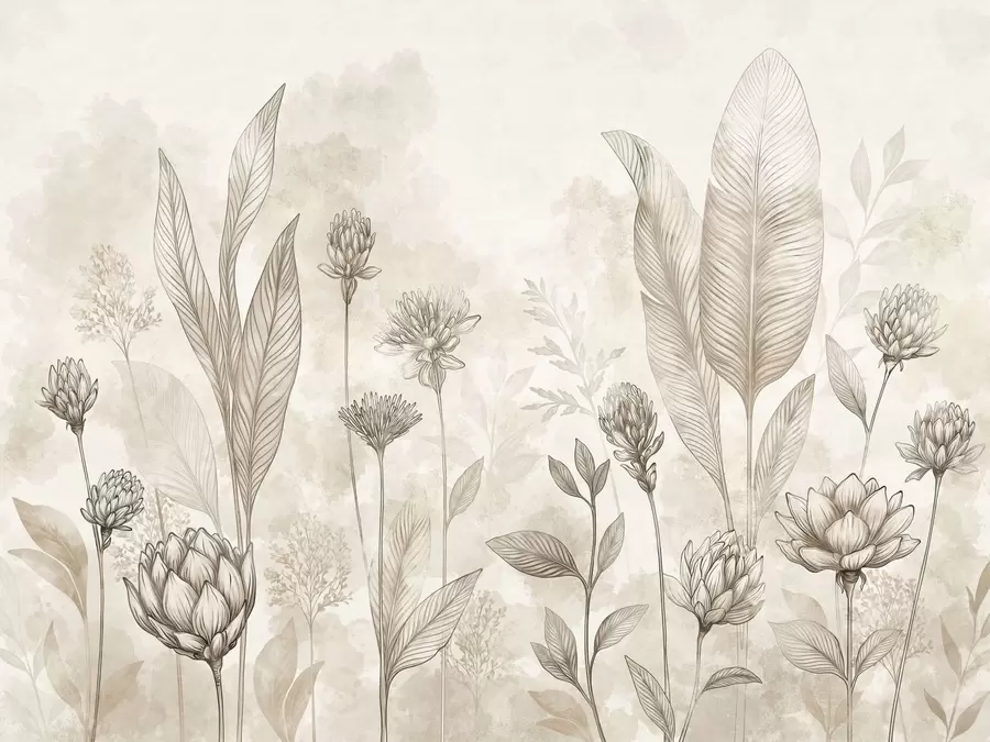 Papier peint Composition botanique avec des fleurs et des feuilles w05802