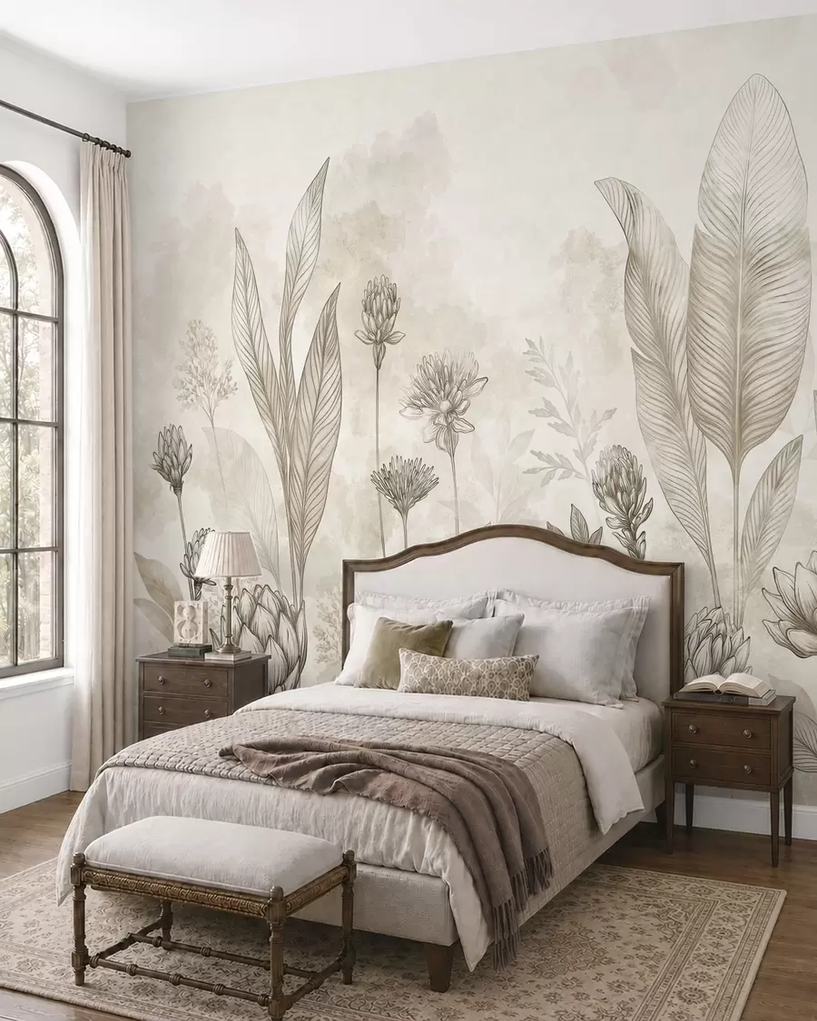 Papier peint Composition botanique avec des fleurs et des feuilles w05802