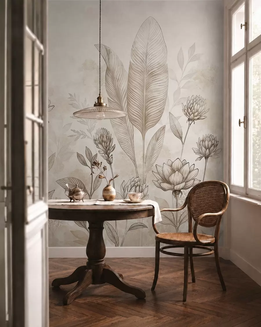 Papier peint Composition botanique avec des fleurs et des feuilles w05802