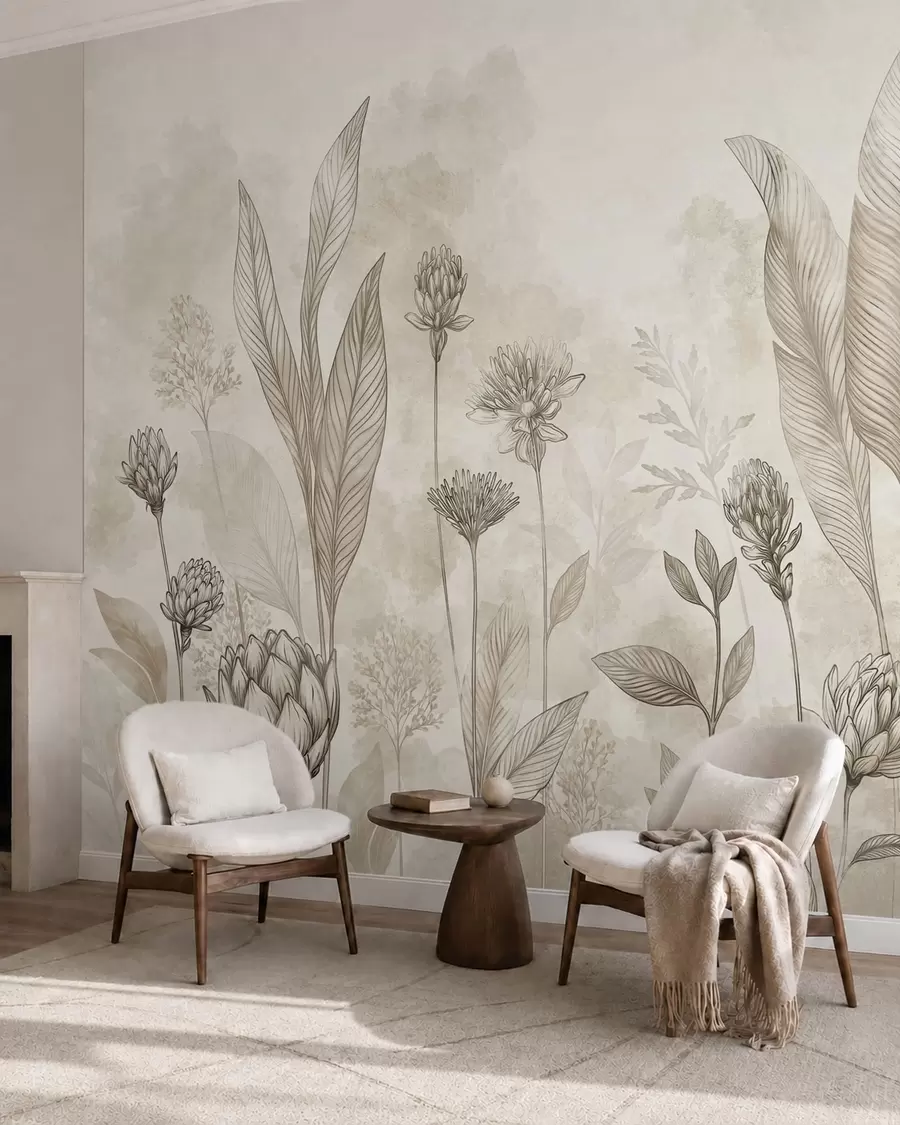 Papier peint Composition botanique avec des fleurs et des feuilles w05802