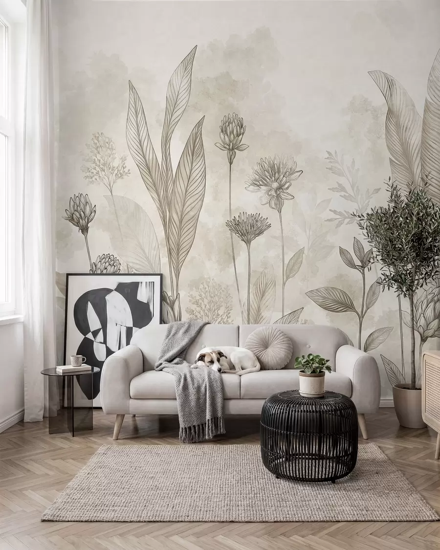 Papier peint Composition botanique avec des fleurs et des feuilles w05802