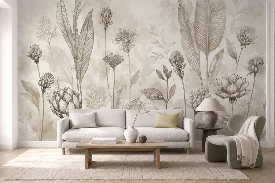 Papier peint Composition botanique avec des fleurs et des feuilles w05802