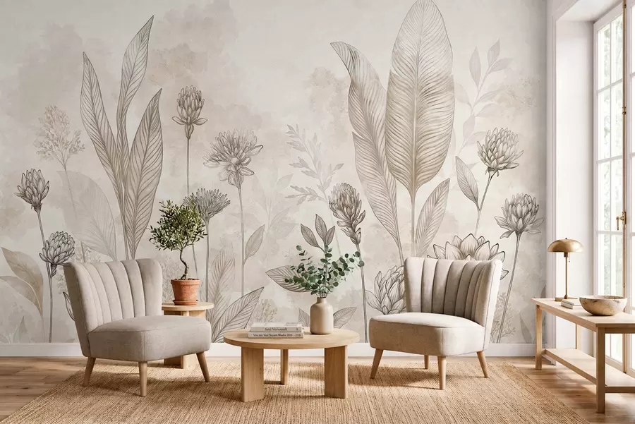 Papier peint Composition botanique avec des fleurs et des feuilles w05802