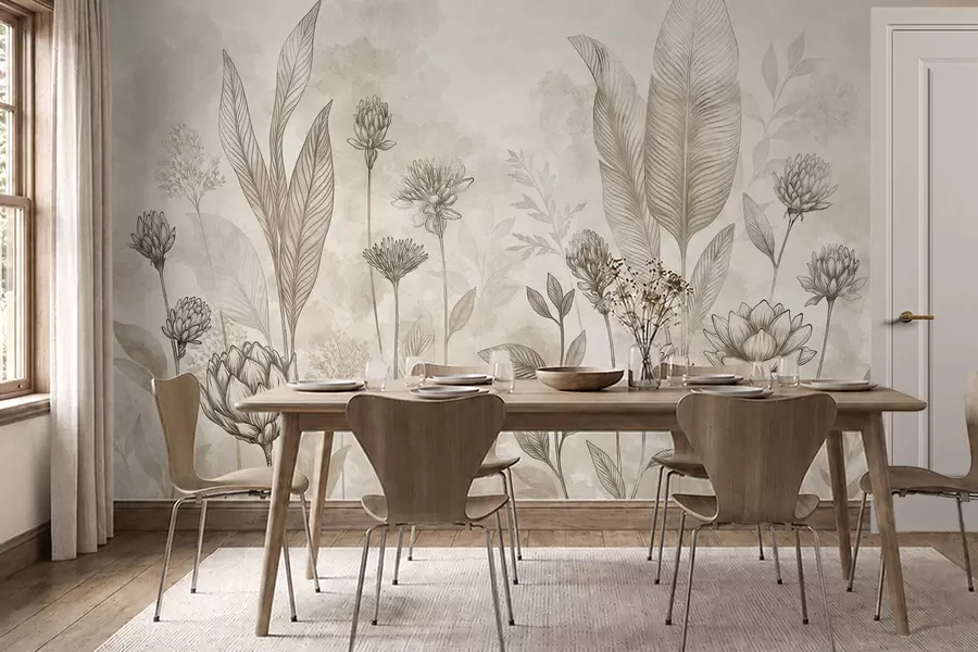 Papier peint Composition botanique avec des fleurs et des feuilles w05802