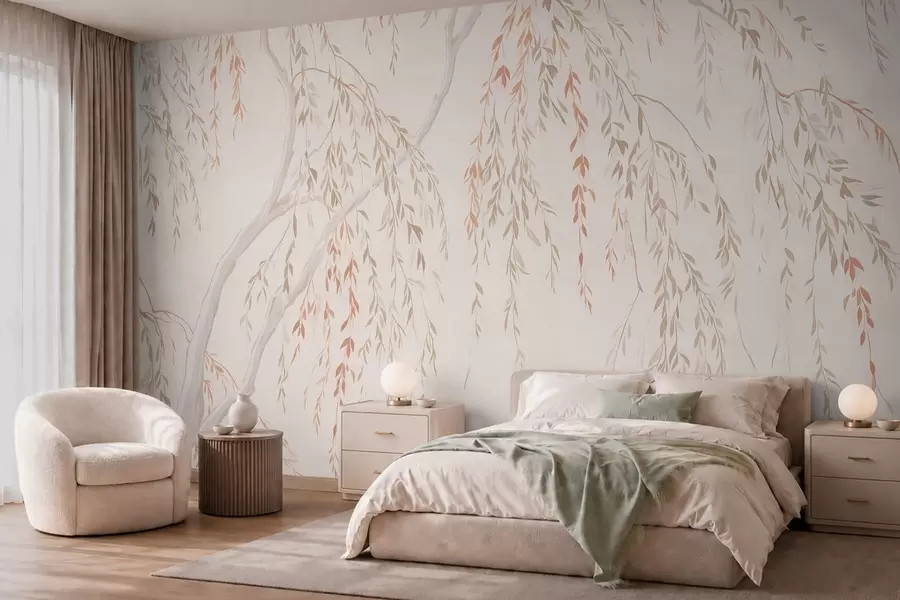 Papier peint Branches légères et retombantes aux feuilles aux teintes pastel w05812