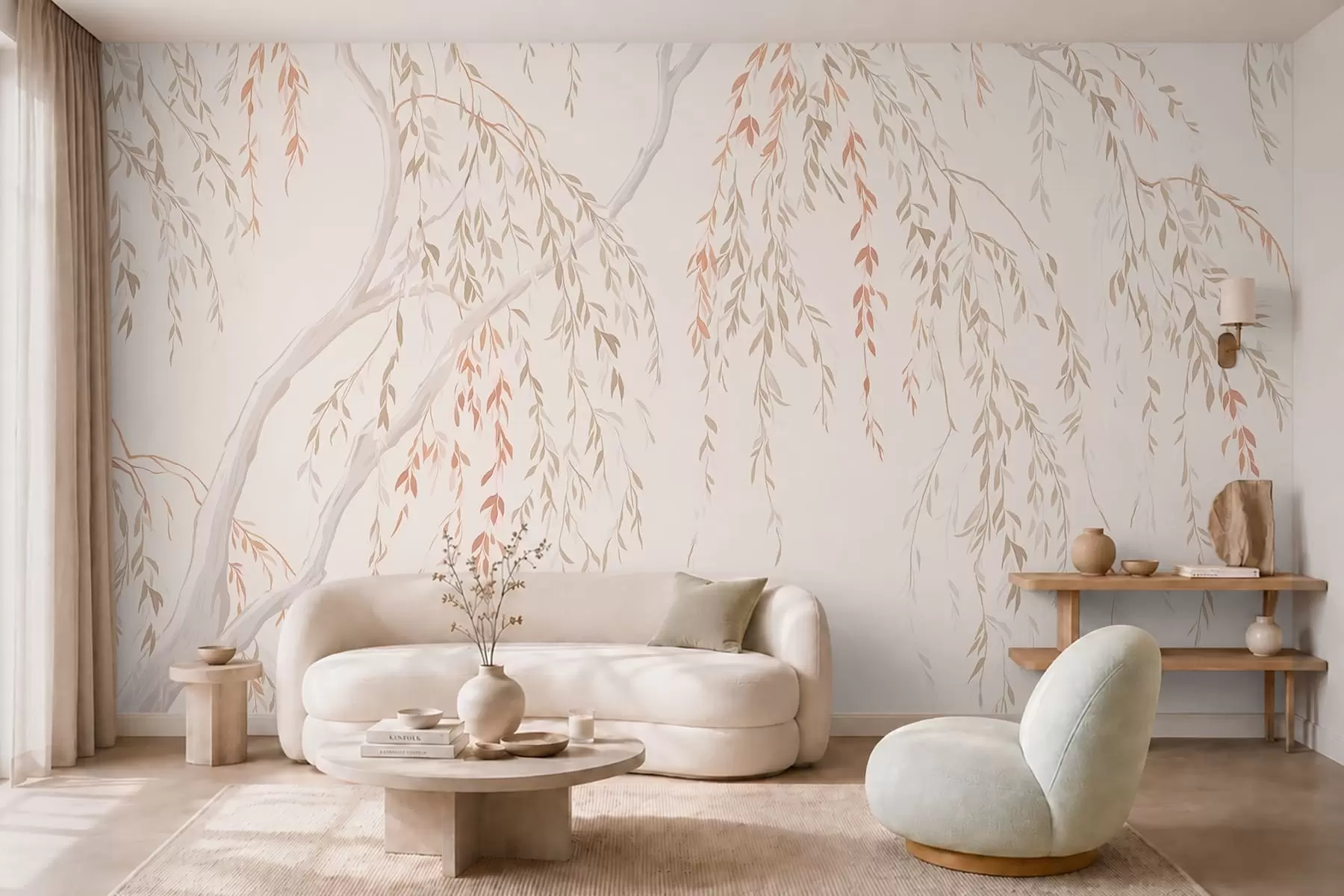 Papier peint Branches légères et retombantes aux feuilles aux teintes pastel w05812