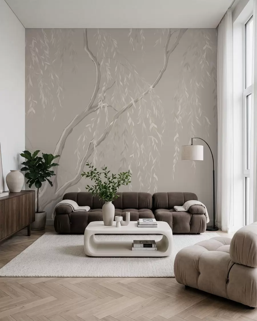 Papier peint Des branches claires aux feuilles blanches sur un fond chaud w05812v2