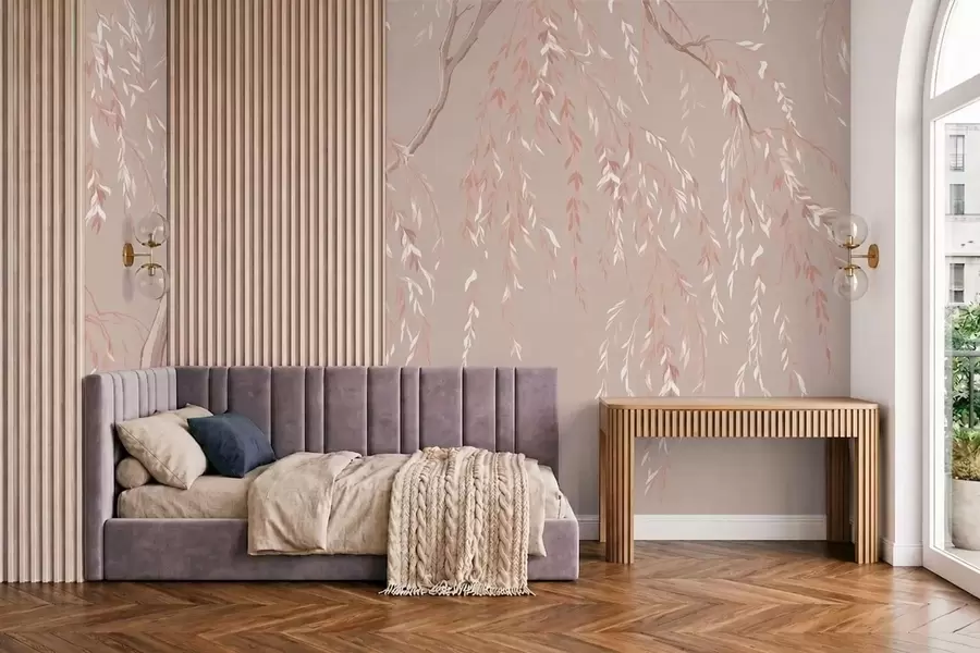 Papier peint Des branches d'un rose tendre aux feuilles claires w05812v3