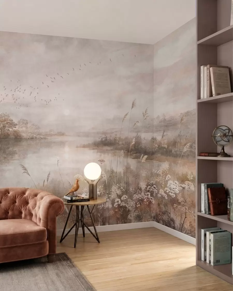 Papier peint Paysage brumeux au bord d'un lac, parsemé de fleurs sauvages w05813