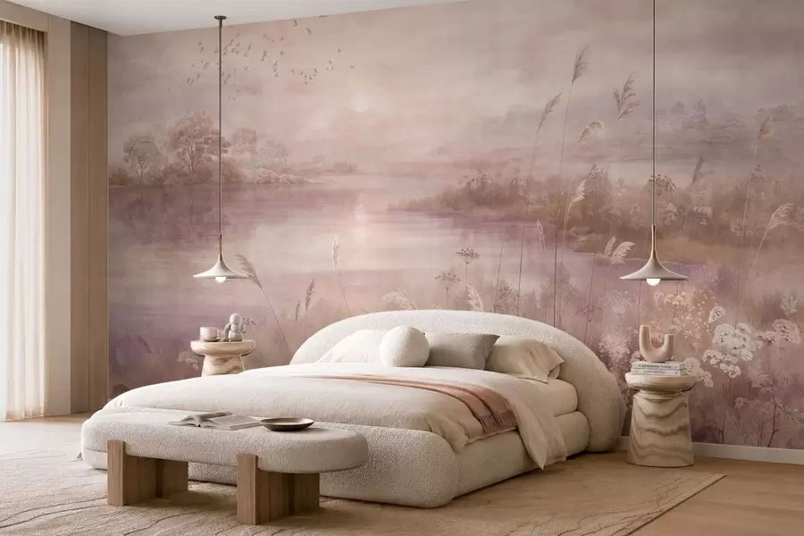 Papier peint Lac aux reflets roses parsemé de fleurs sauvages w05813v1