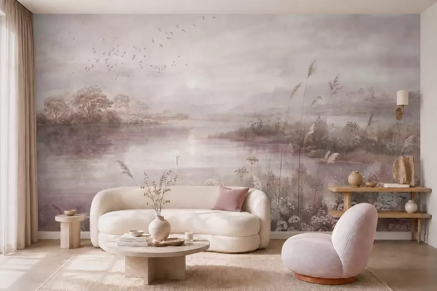 Papier peint Un lac paisible aux douces nuances de lilas w05813v2
