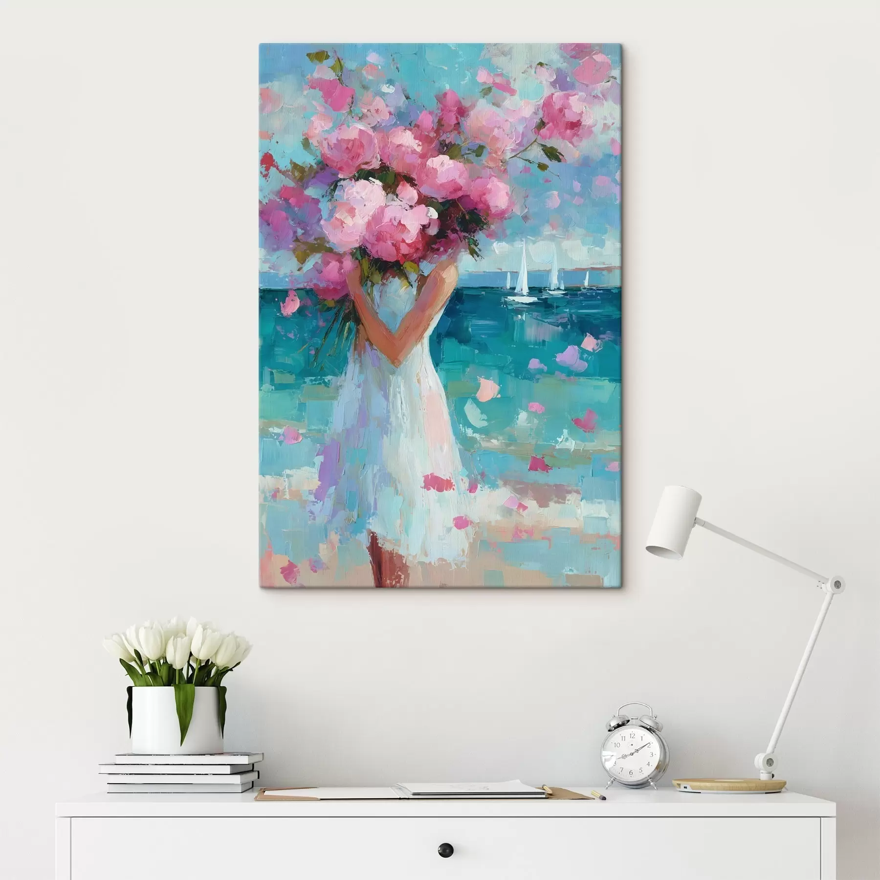 Tableau Une jeune fille avec des pivoines sur fond de paysage marin, peinte dans le style impasto s49937