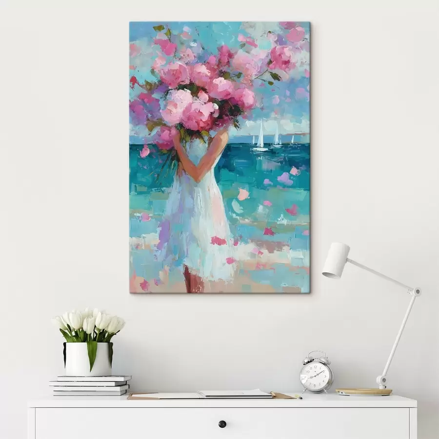 Tableau Une jeune fille avec des pivoines sur fond de paysage marin, peinte dans le style impasto s49937