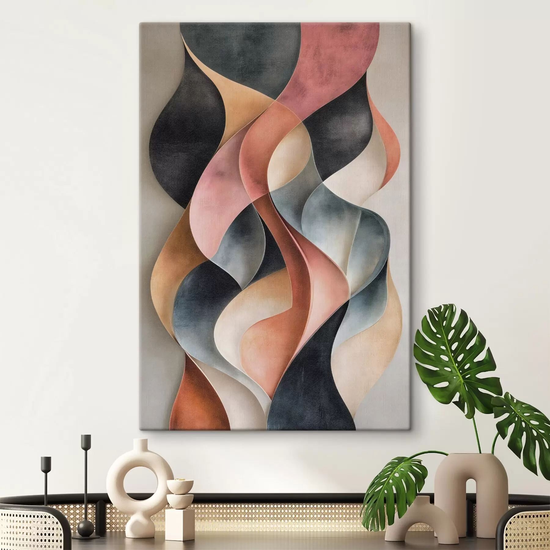 Tableau Vagues abstraites dans des nuances de noir et de terre cuite s50154