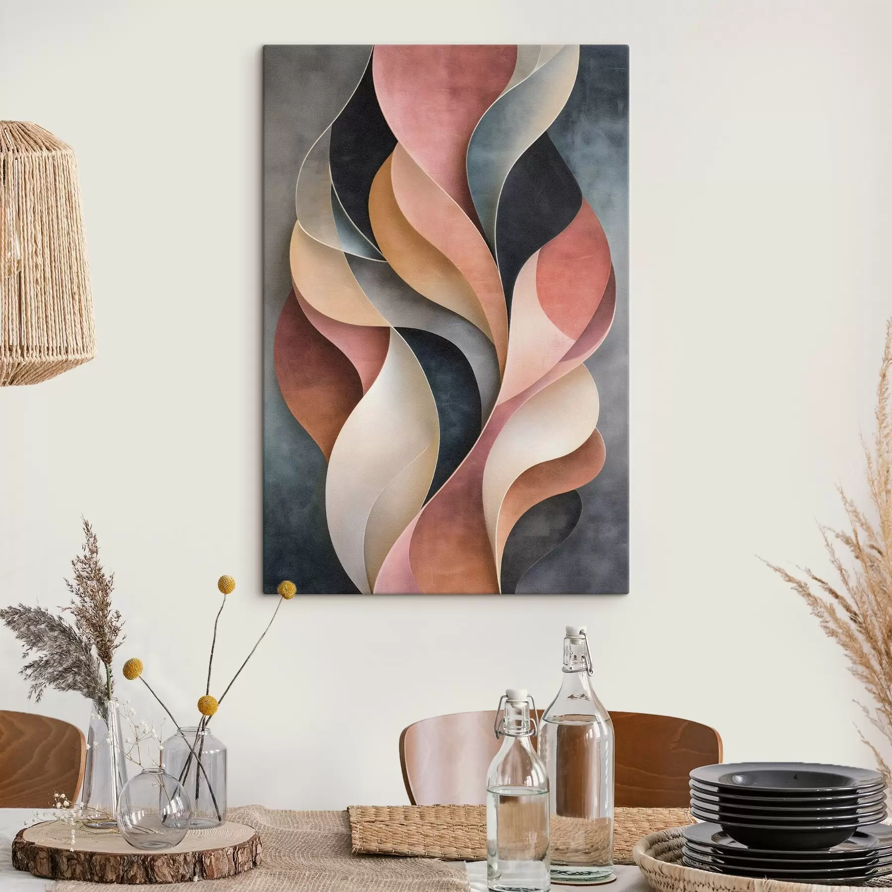 Tableau Vagues abstraites dans des nuances de noir et de terre cuite s50155