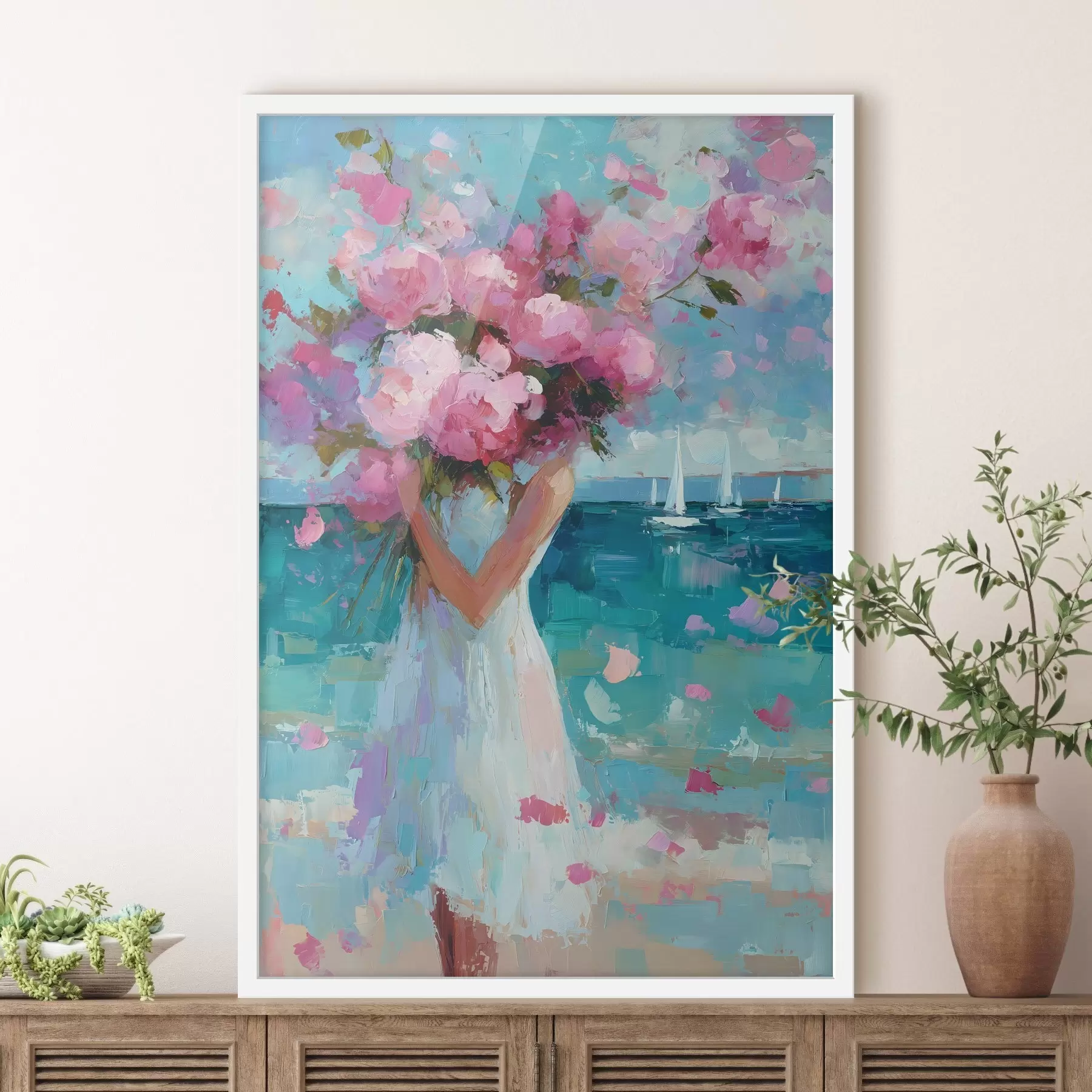 Papier peint Une jeune fille avec des pivoines sur fond de paysage marin, peinte dans le style impasto f49937