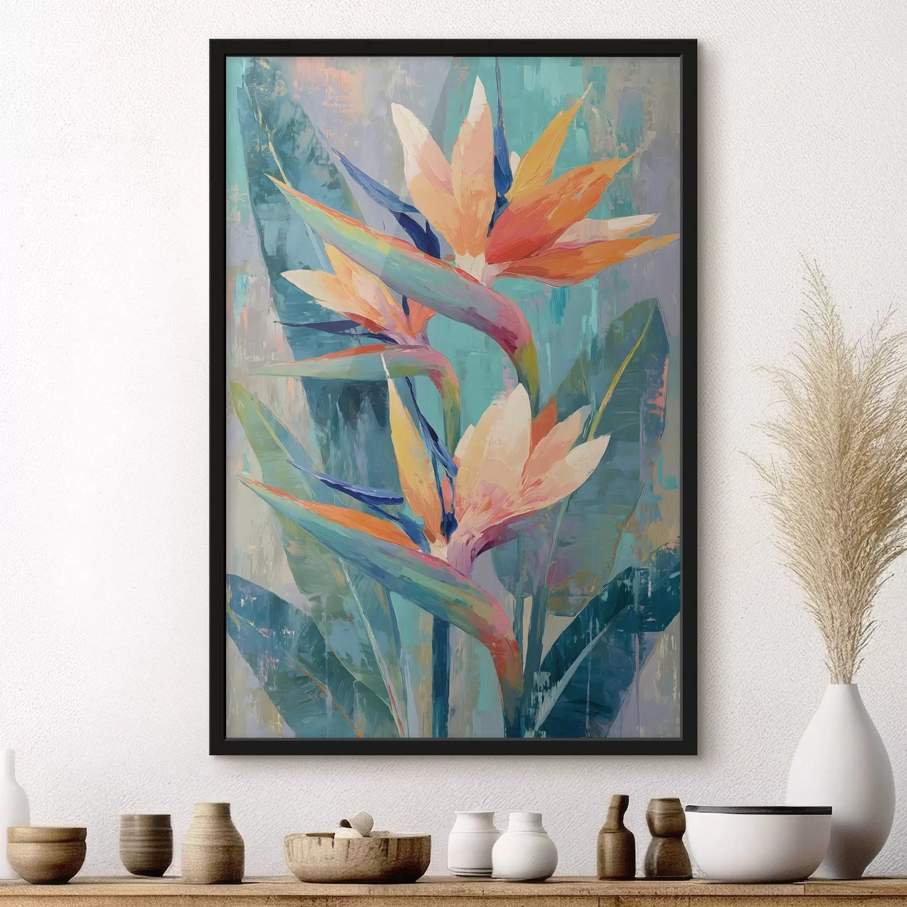Papier peint Une strelitzia aux couleurs éclatantes, représentée dans un style pictural f50151