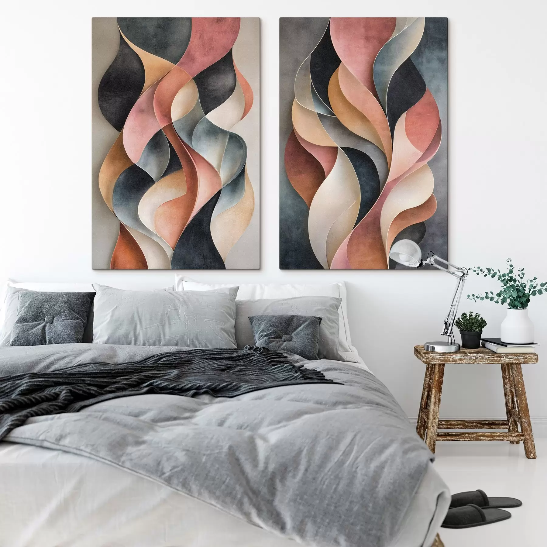 Tableau Vagues abstraites dans des nuances de noir et de terre cuite m30816