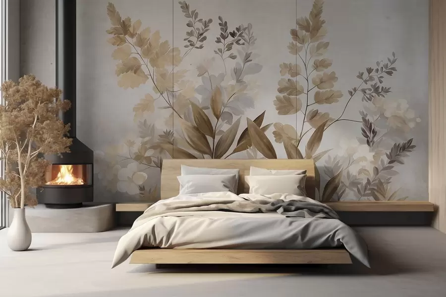 Papier peint Art botanique texturé, diverses plantes et feuilles dans des tons de marron et de beige w09979