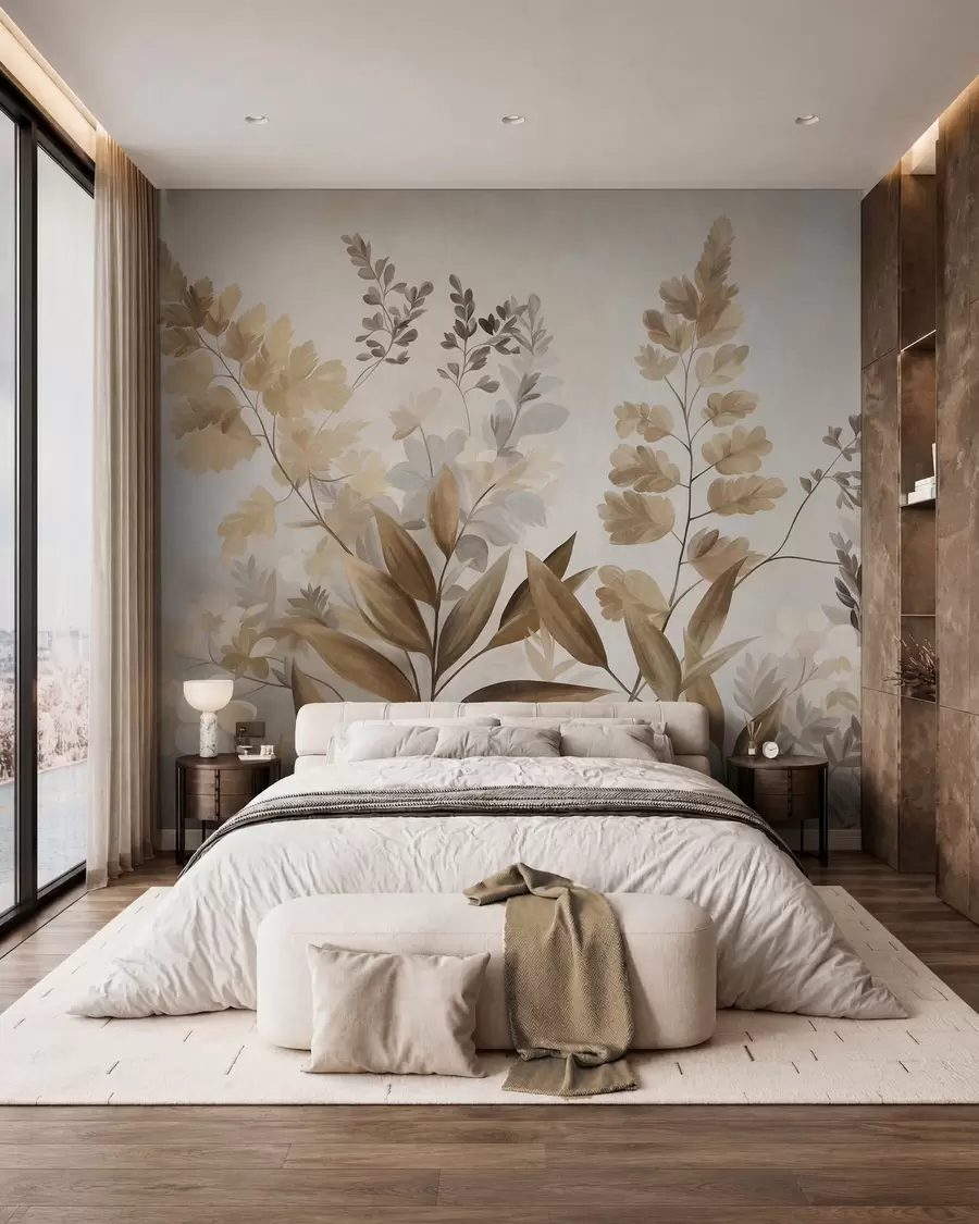 Papier peint Art botanique texturé, diverses plantes et feuilles dans des tons de marron et de beige w09979