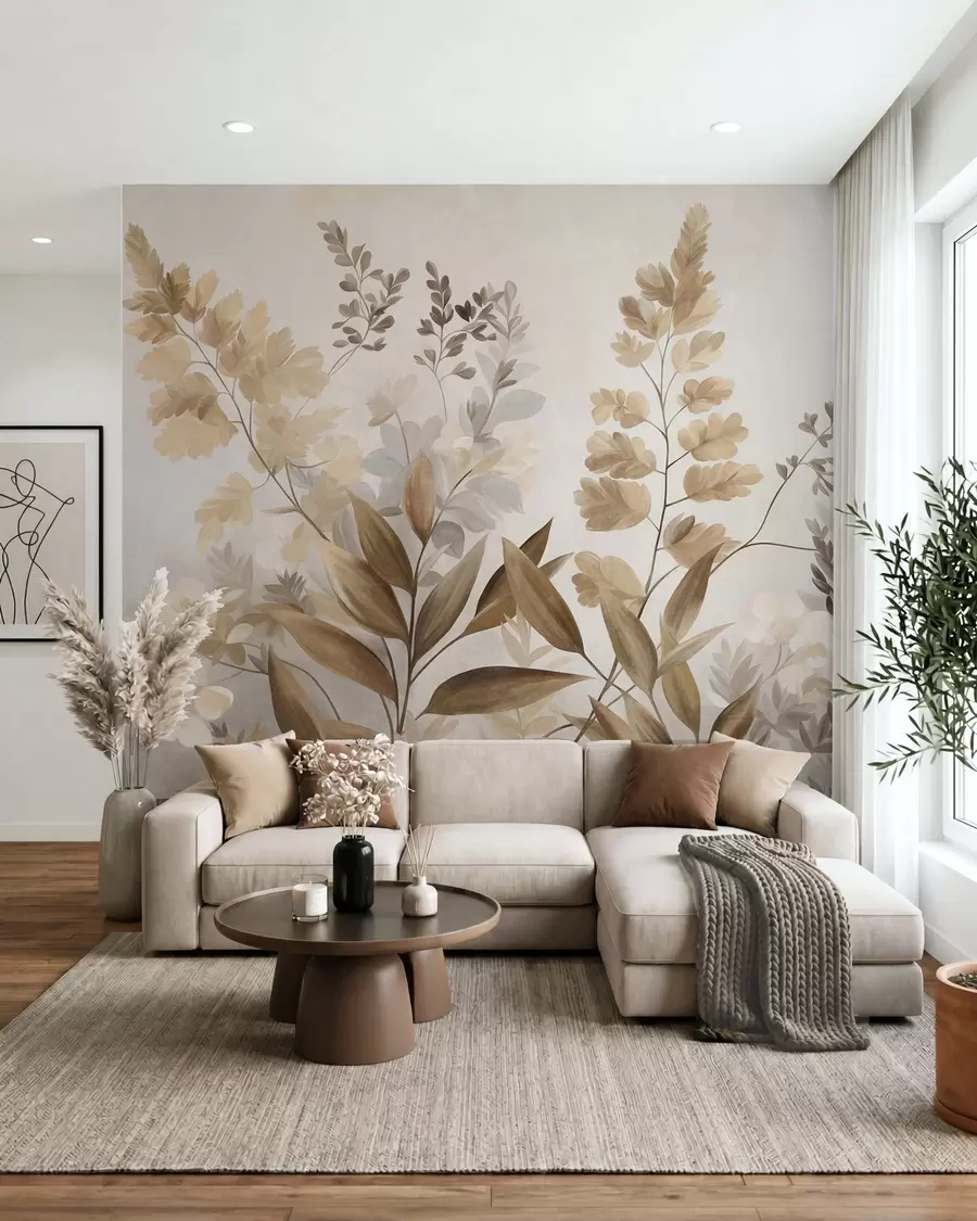 Papier peint Art botanique texturé, diverses plantes et feuilles dans des tons de marron et de beige w09979