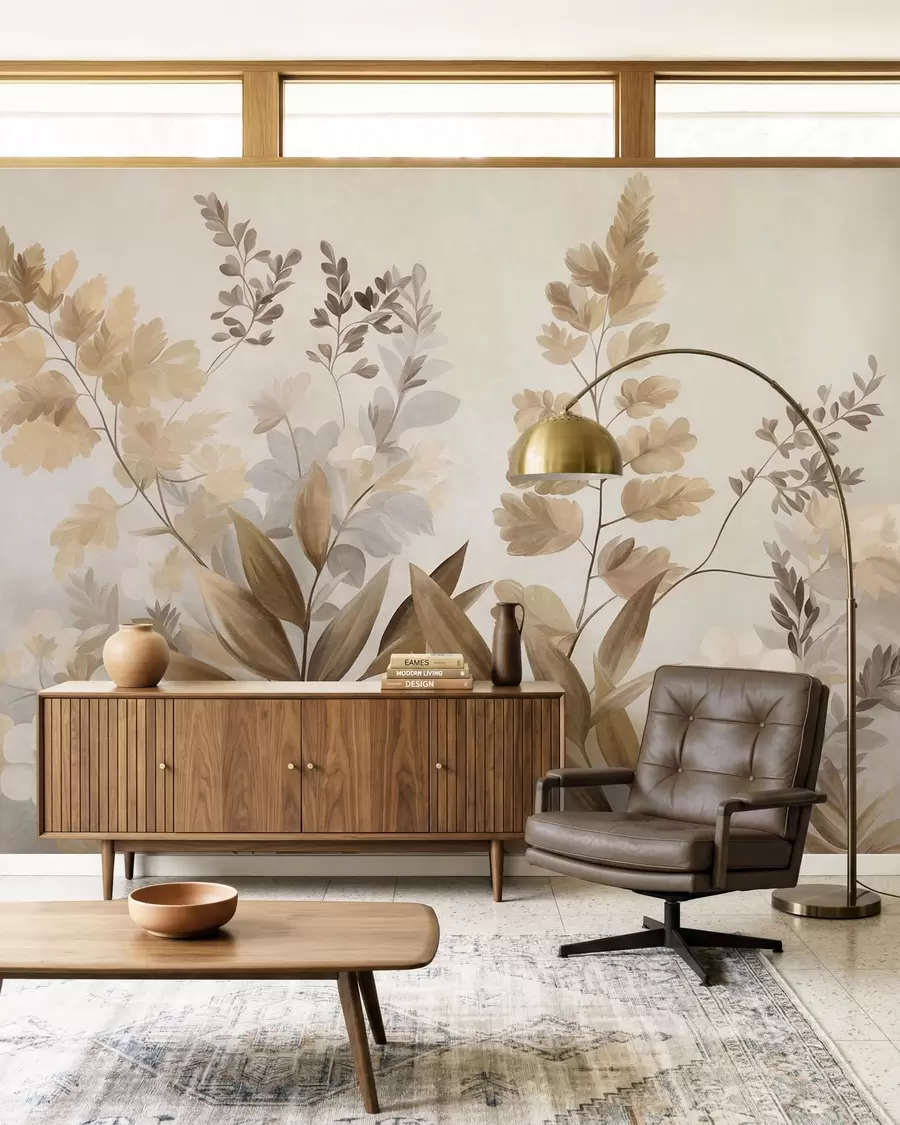 Papier peint Art botanique texturé, diverses plantes et feuilles dans des tons de marron et de beige w09979