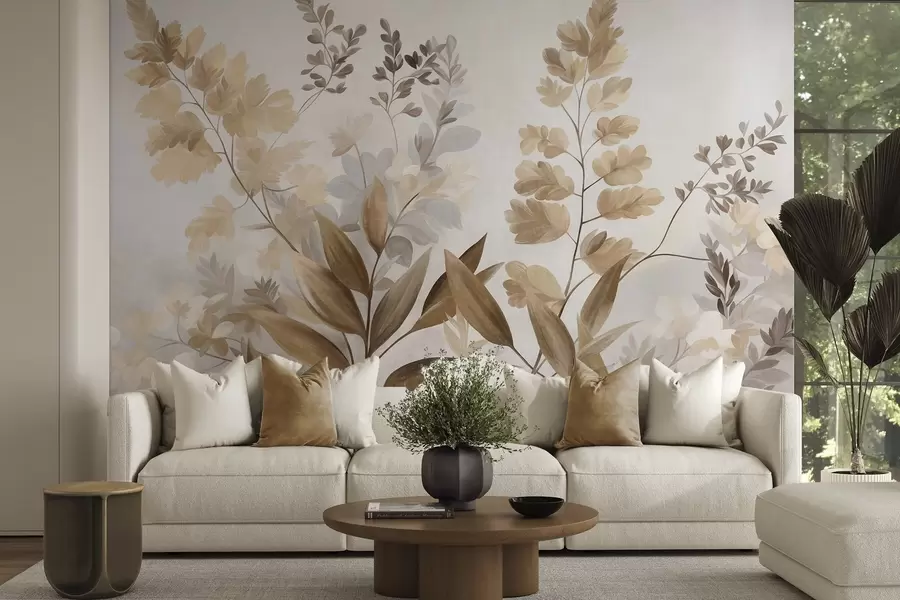 Papier peint Art botanique texturé, diverses plantes et feuilles dans des tons de marron et de beige w09979