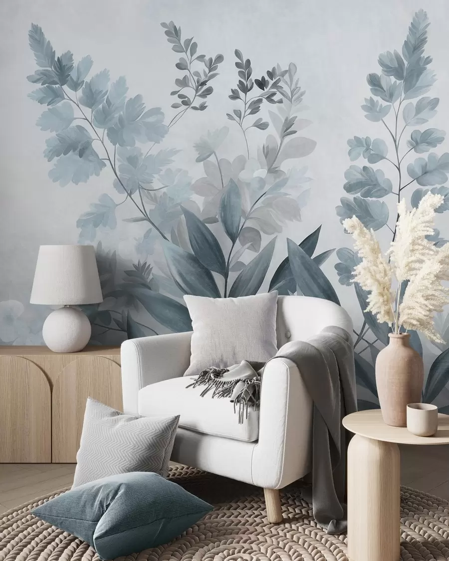 Papier peint Art botanique texturé, diverses plantes et feuilles dans des tons de bleu et de gris w09979v1