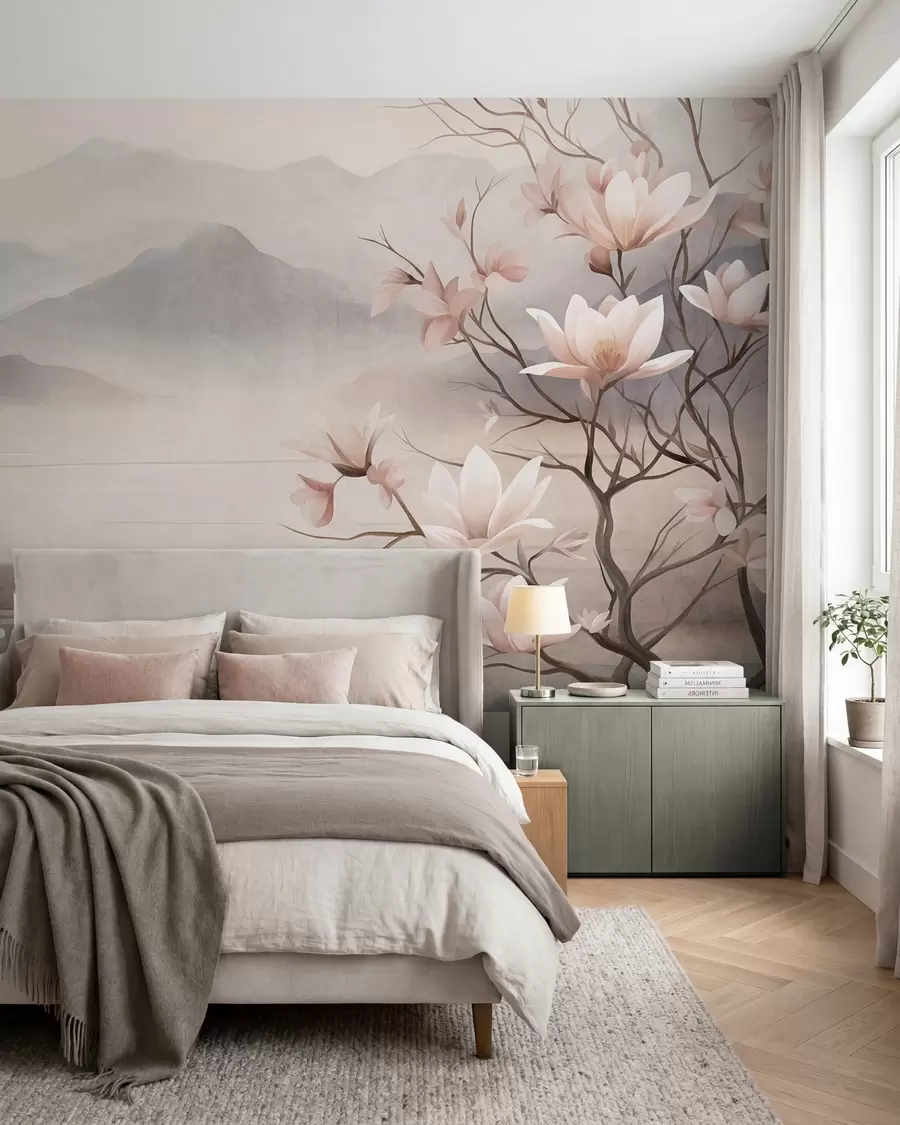 Papier peint Des montagnes et des branches de magnolia roses en fleurs, un paysage riche en textures w10013