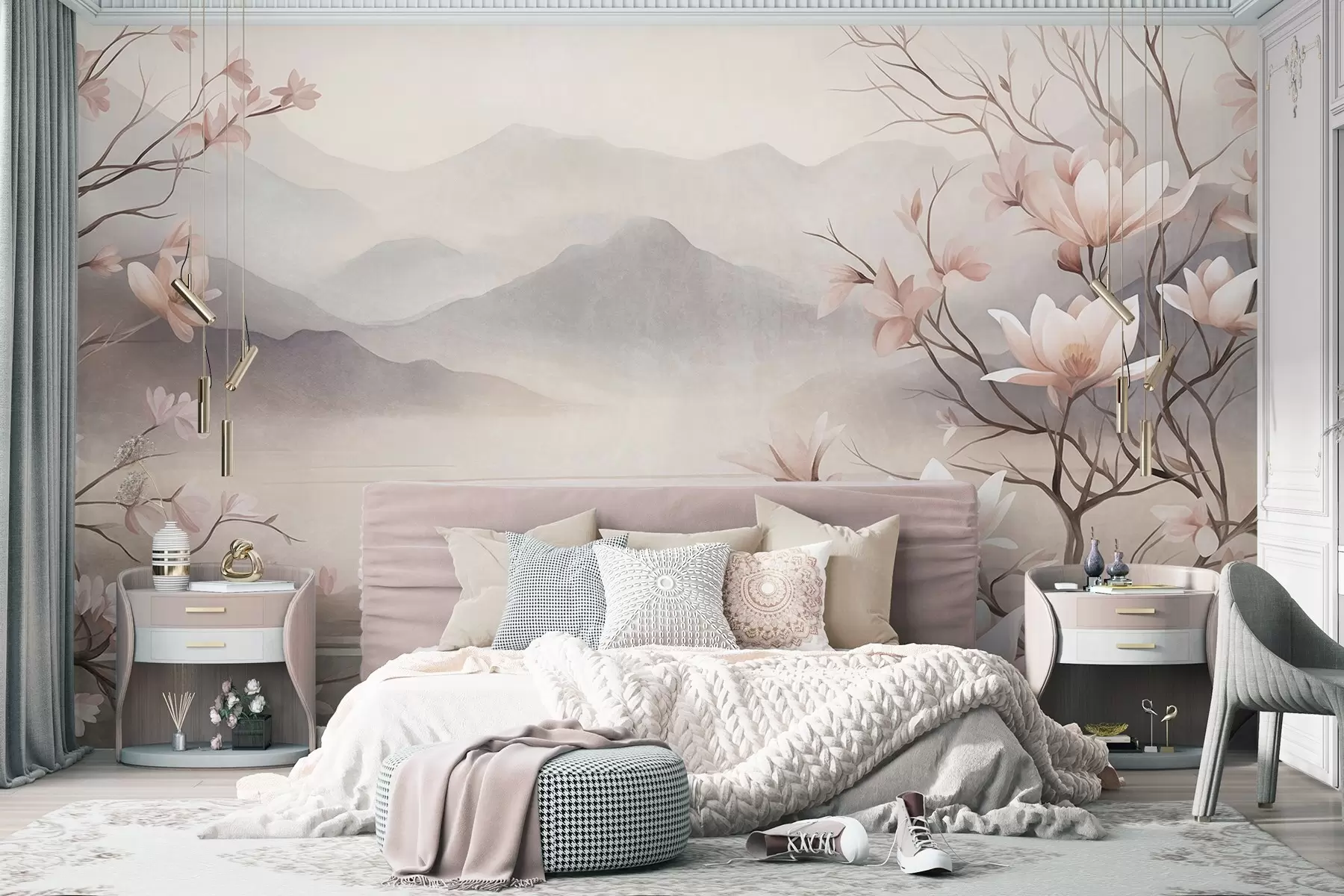 Papier peint Des montagnes et des branches de magnolia roses en fleurs, un paysage riche en textures w10013