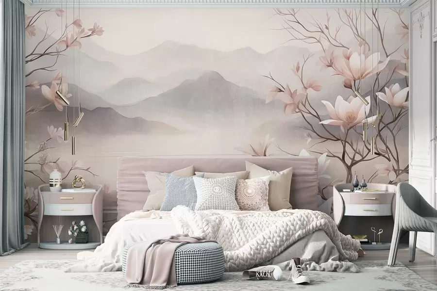 Papier peint Des montagnes et des branches de magnolia roses en fleurs, un paysage riche en textures w10013
