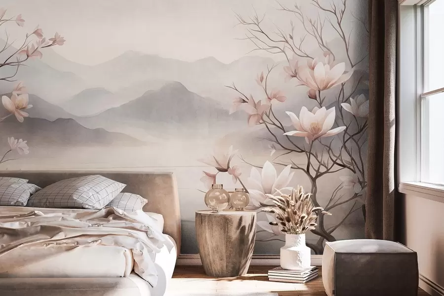 Papier peint Des montagnes et des branches de magnolia roses en fleurs, un paysage riche en textures w10013