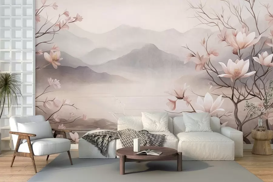 Papier peint Des montagnes et des branches de magnolia roses en fleurs, un paysage riche en textures w10013