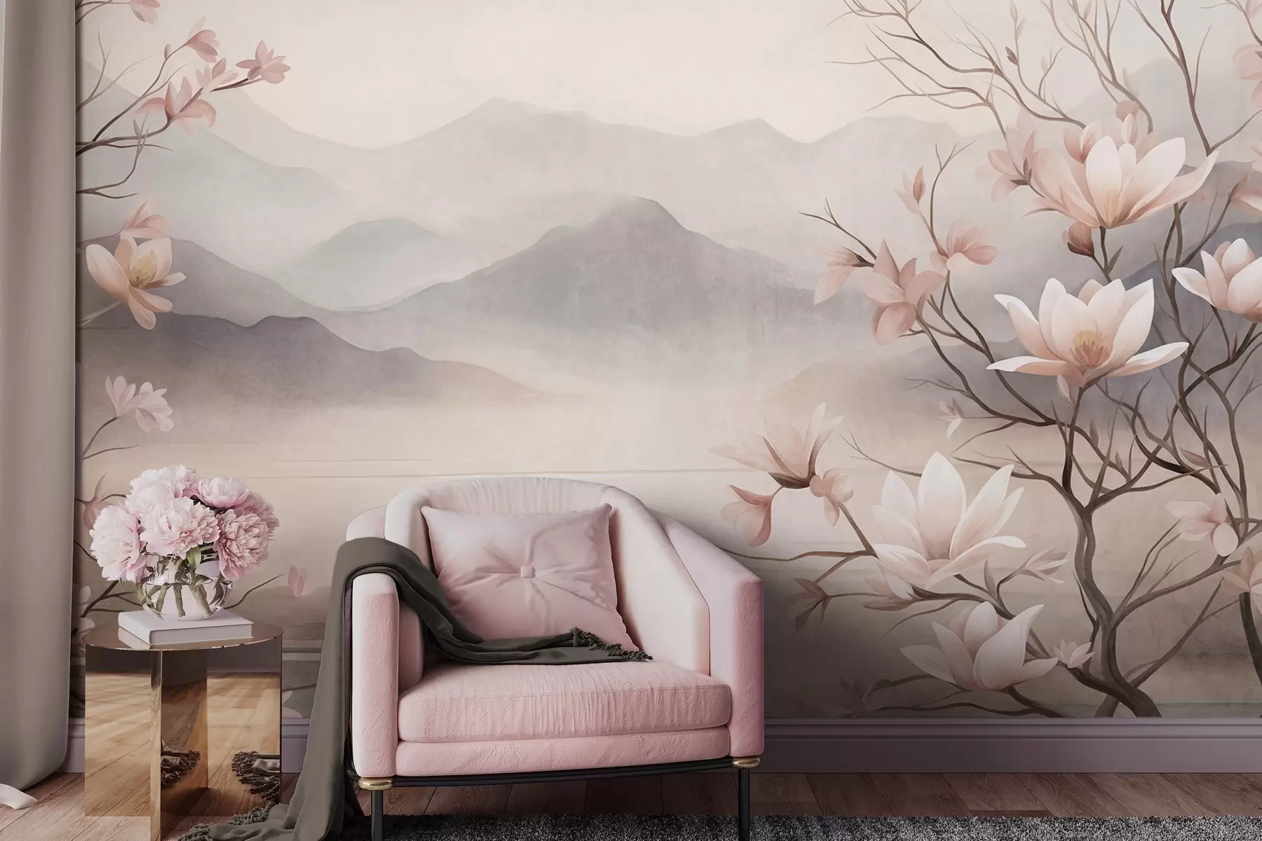 Papier peint Des montagnes et des branches de magnolia roses en fleurs, un paysage riche en textures w10013