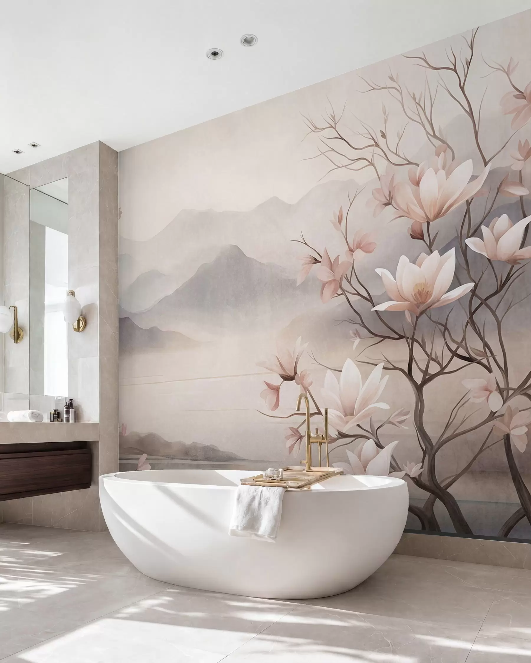 Papier peint Des montagnes et des branches de magnolia roses en fleurs, un paysage riche en textures w10013